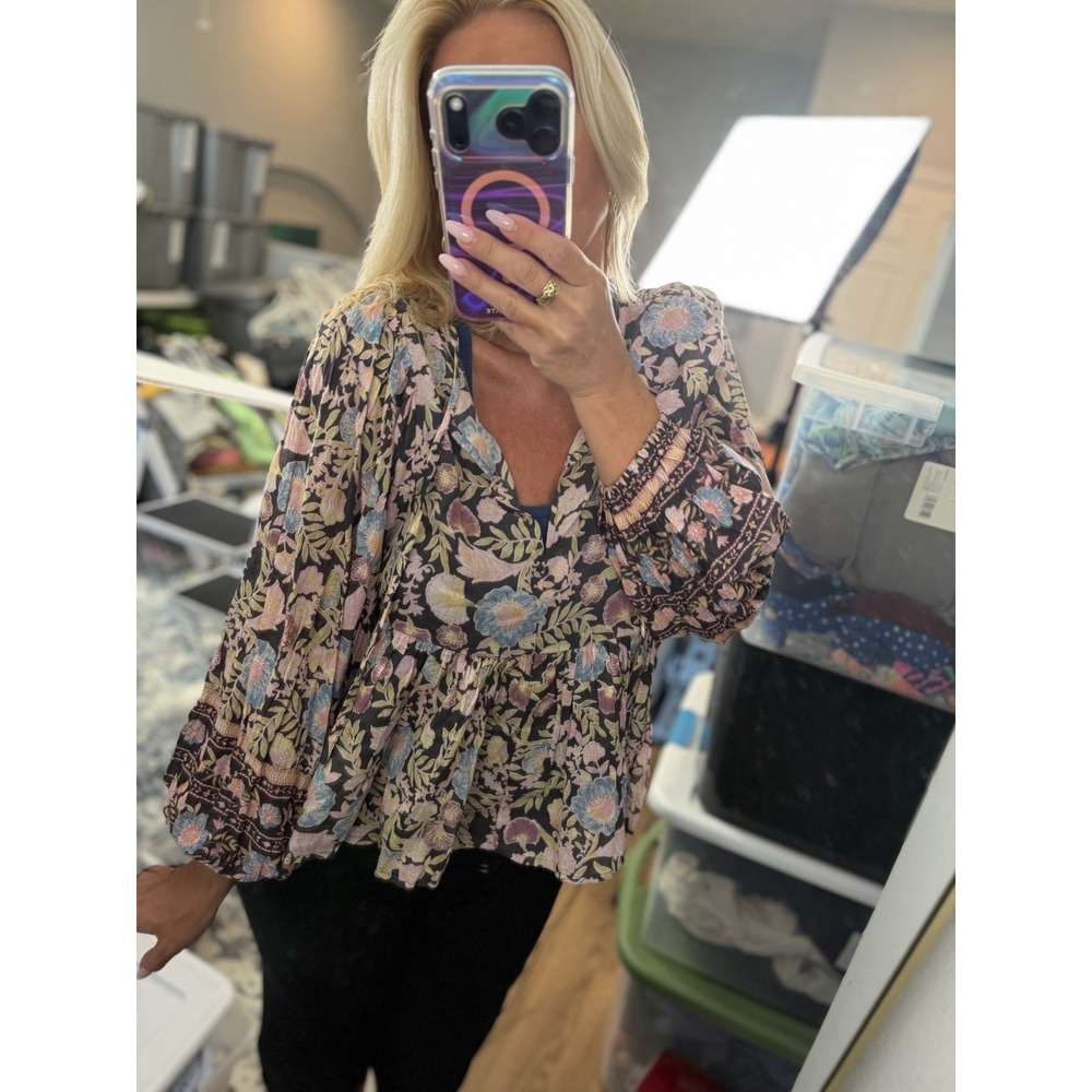 Billabong Adore You Cropped Babydoll Puff Sleeve Blouse Top Boho Floral Size S